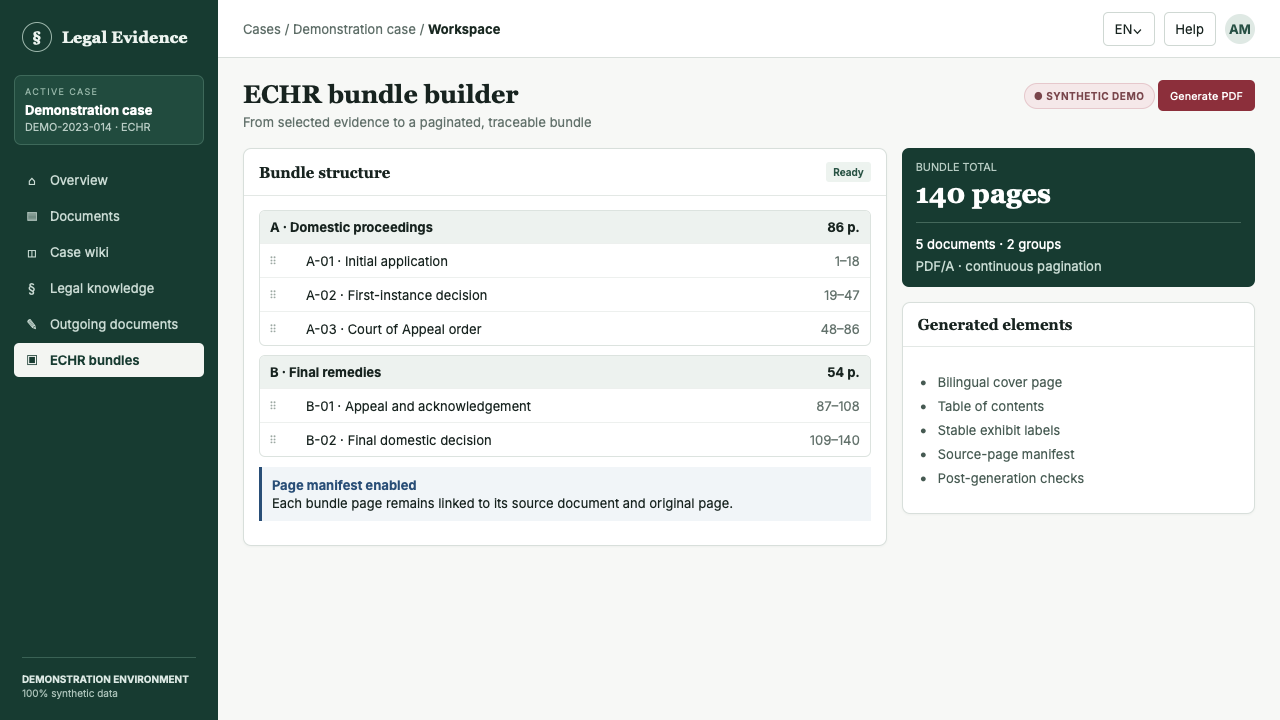 Assembly of a paginated and traceable ECHR bundle